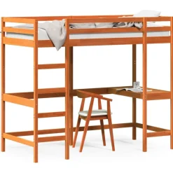 vidaXL Hoogslaper met bureau massief grenenhout wasbruin 90x200 cm