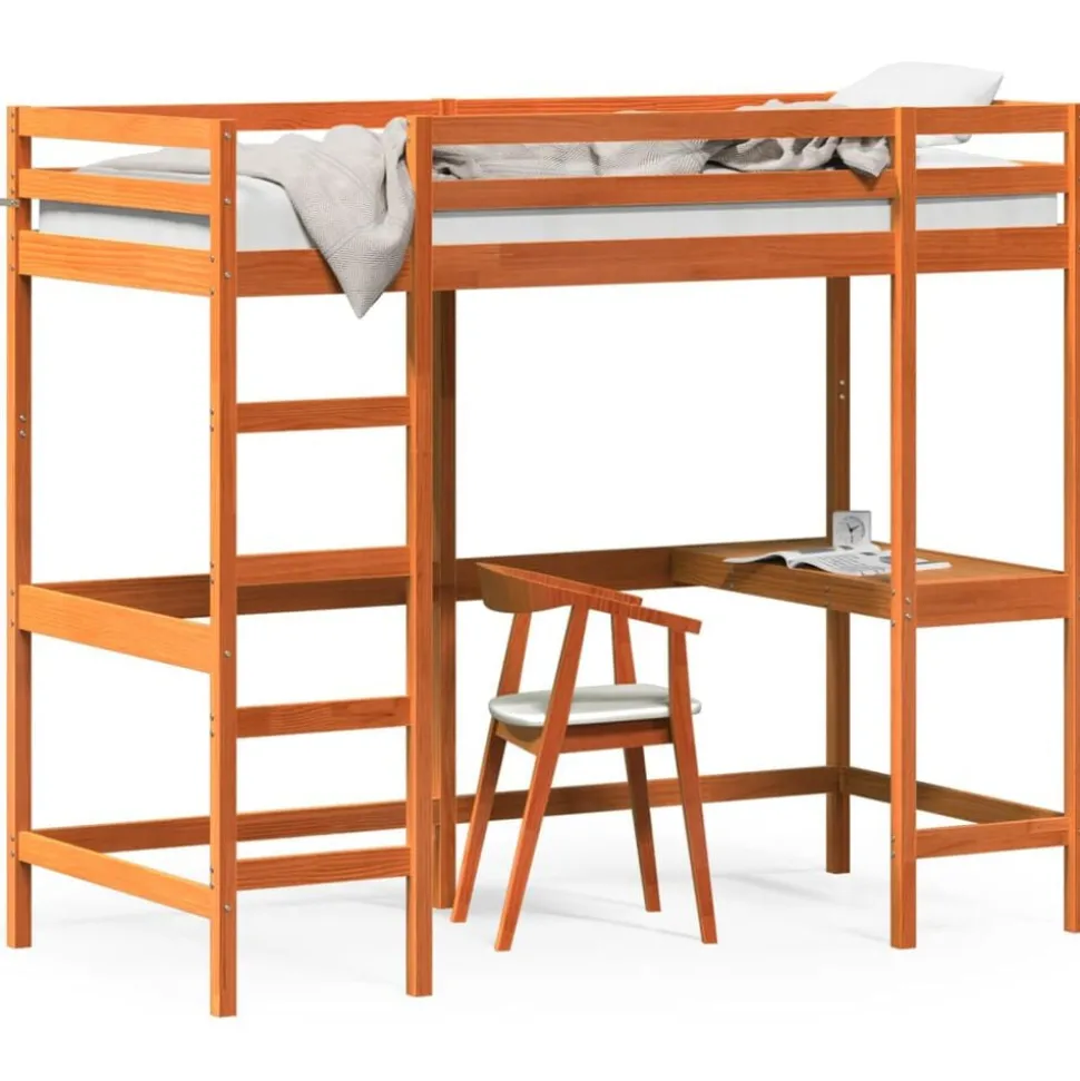 vidaXL Hoogslaper met bureau massief grenenhout wasbruin 90x200 cm