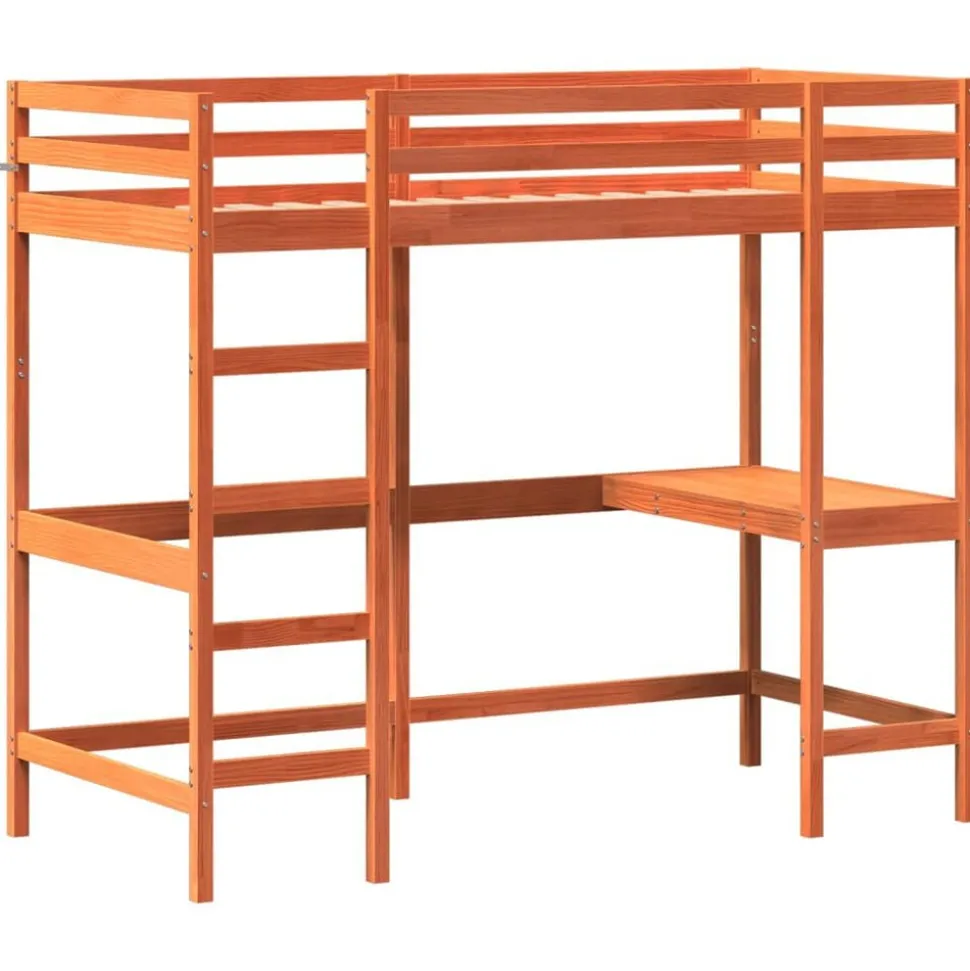 vidaXL Hoogslaper met bureau massief grenenhout wasbruin 90x200 cm