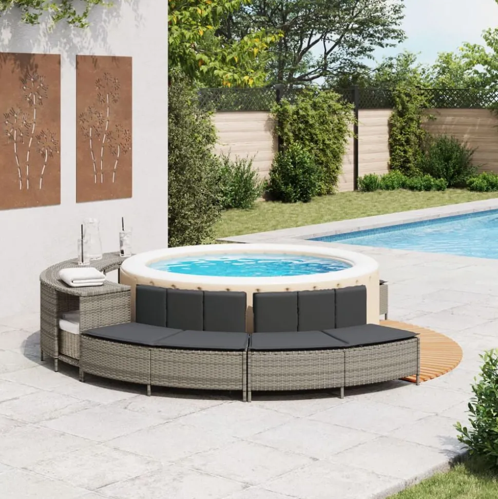 vidaXL Hottub-bankjes met kussens 2 st poly rattan grijs