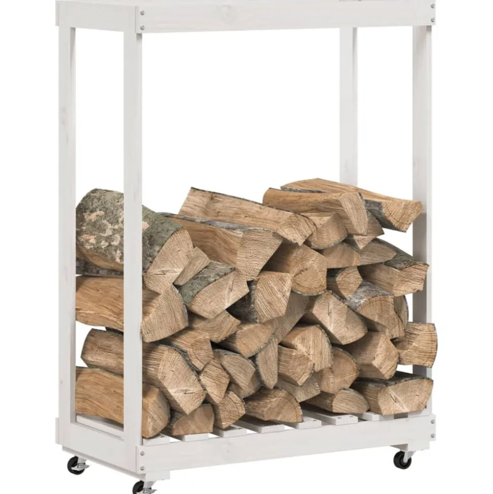 vidaXL Houtblokhouder met wielen 76,5x40x108 cm massief grenenhout wit