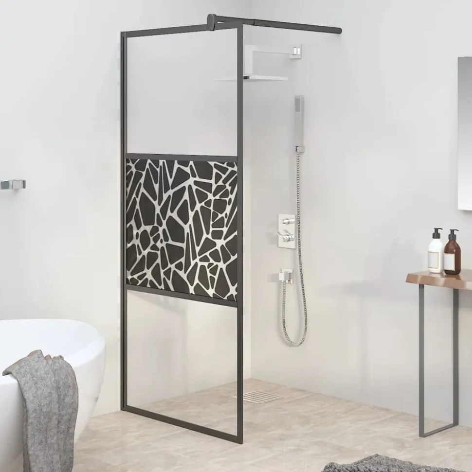 vidaXL Inloopdouchewand met stenenmotief 80x195 cm ESG-glas zwart