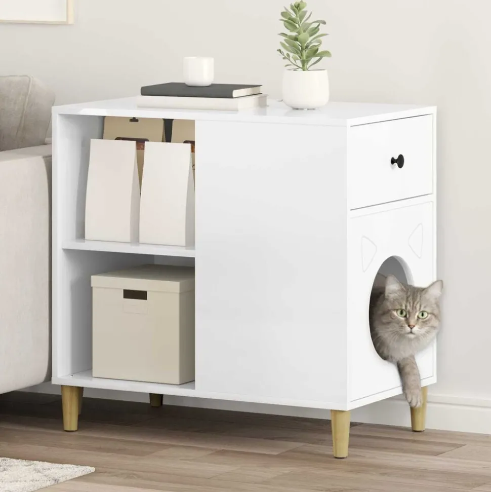 vidaXL Kattenhuis Glanzend Wit 72 x 42,5 x 70 cm Bewerkt hout