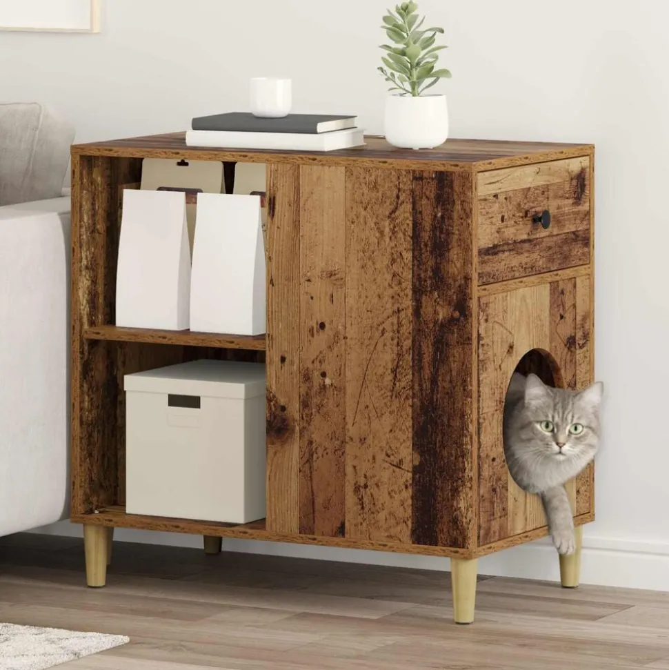 vidaXL Kattenhuis Oudhout 72 x 42,5 x 70 cm Bewerkt hout