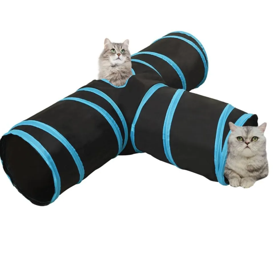 vidaXL Kattentunnel 3-voudig 90 cm polyester zwart en blauw