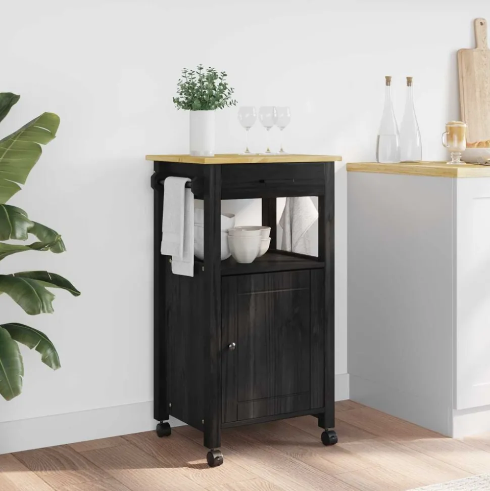 vidaXL Keuken Trolley MONZA Zwart 48 x 40 x 88,5 cm Massief Vurenhout