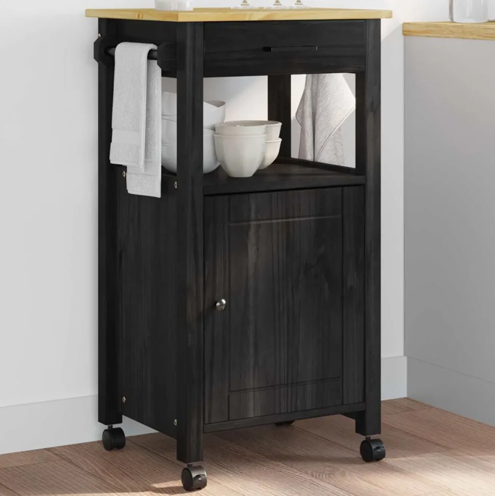 vidaXL Keuken Trolley MONZA Zwart 48 x 40 x 88,5 cm Massief Vurenhout