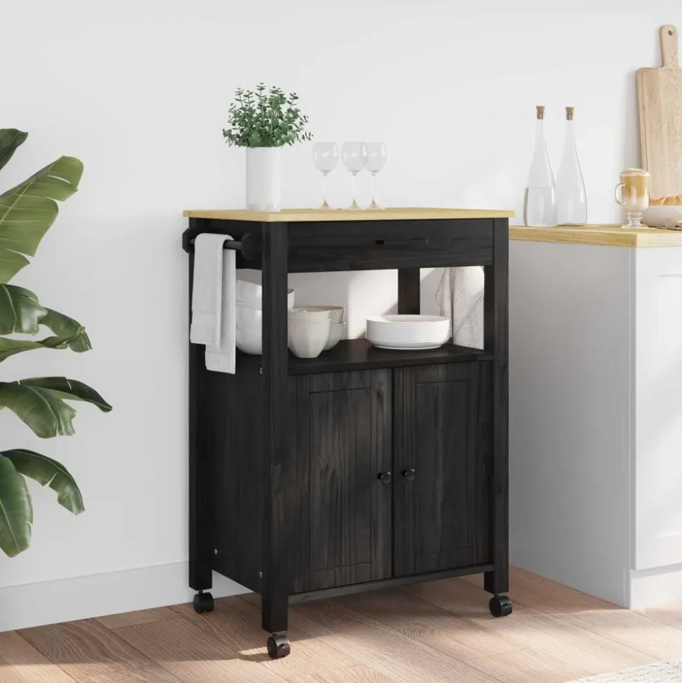 vidaXL Keuken Trolley MONZA Zwart 60 x 40 x 88,5 cm Massief Vurenhout
