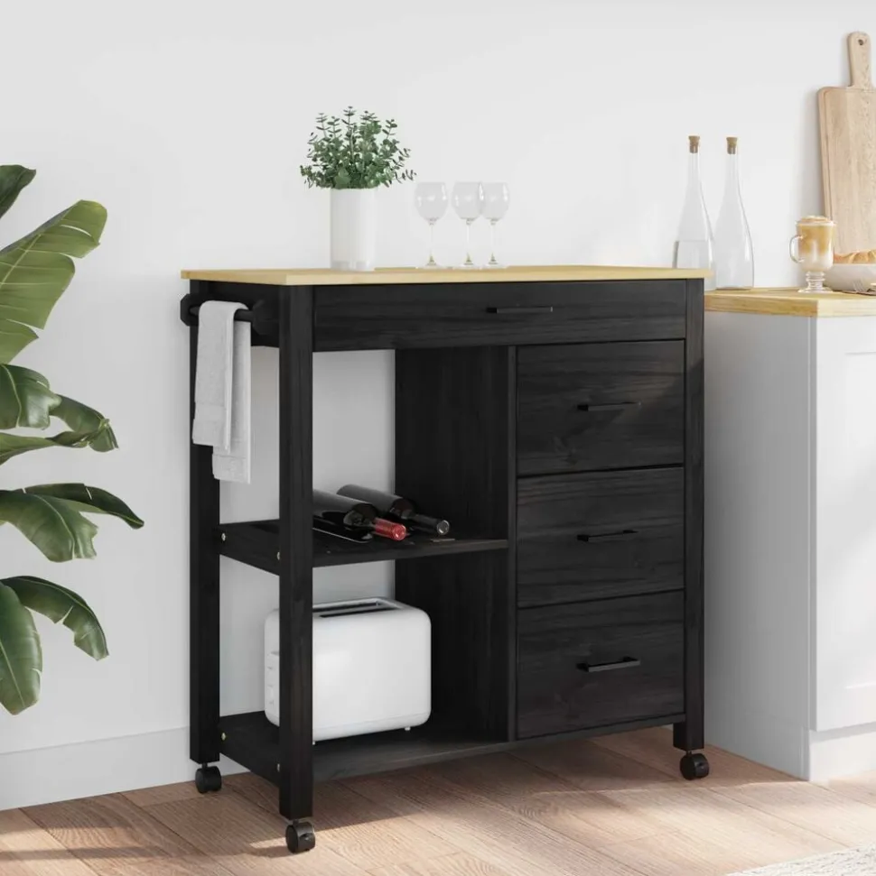 vidaXL Keuken Trolley MONZA Zwart 84 x 40 x 88,5 cm Massief Vurenhout