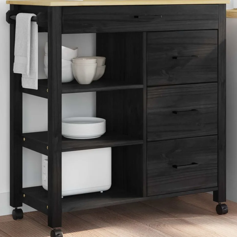 vidaXL Keuken Trolley MONZA Zwart 84 x 40 x 88,5 cm Massief Vurenhout