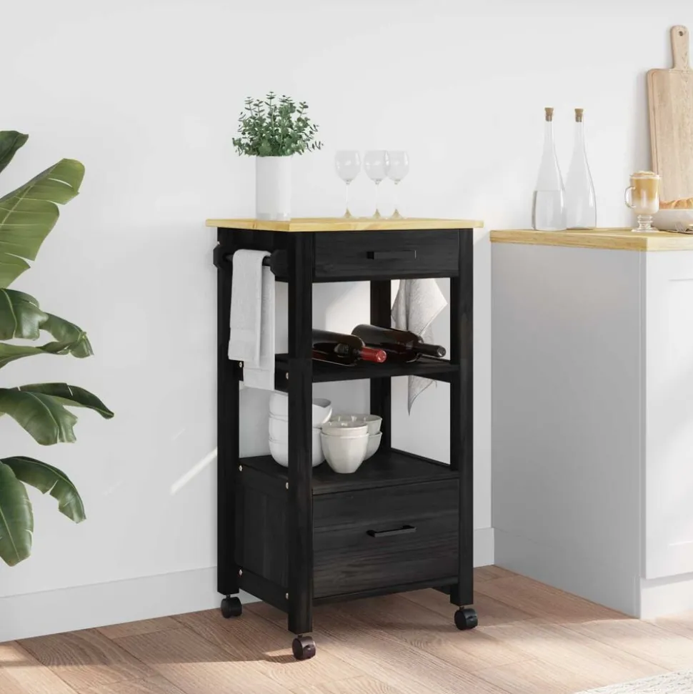 vidaXL Keuken Trolley MONZA Zwart 48 x 40 x 88,5 cm Massief Vurenhout
