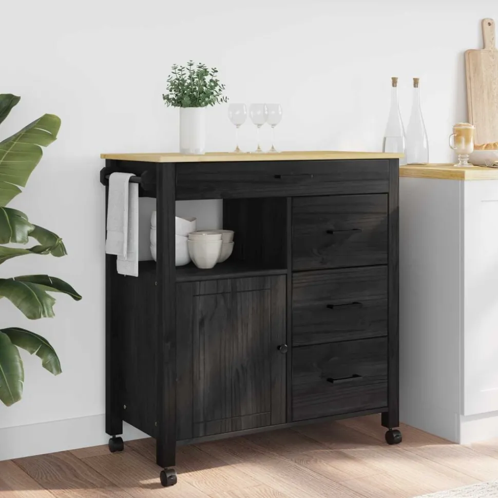 vidaXL Keuken Trolley MONZA Zwart 84 x 40 x 88,5 cm Massief Vurenhout