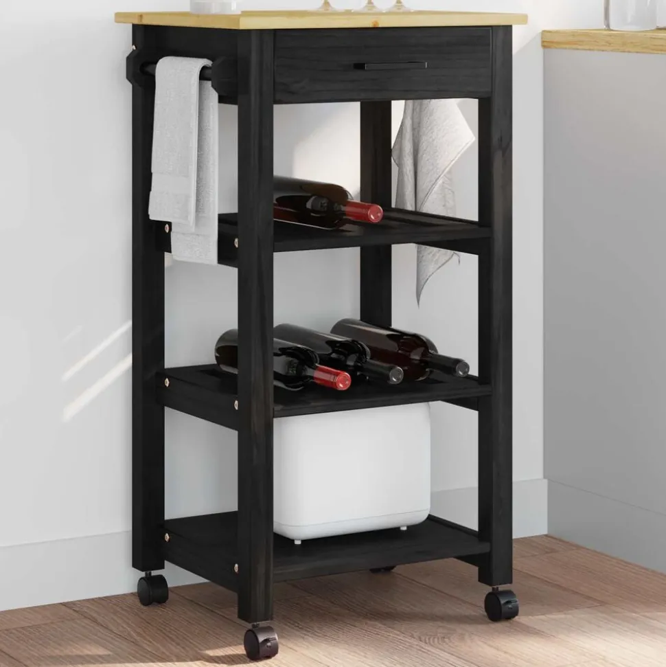 vidaXL Keuken Trolley MONZA Zwart 48 x 40 x 88,5 cm Massief Vurenhout