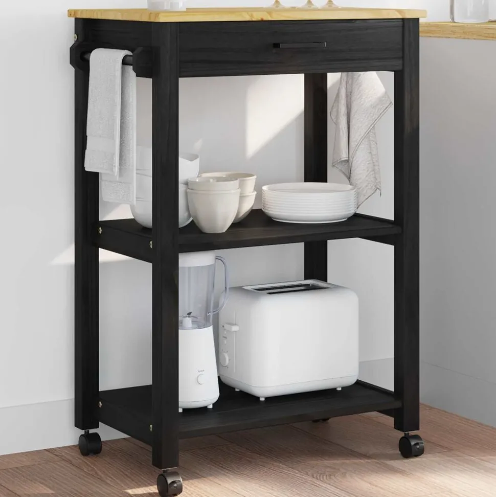 vidaXL Keuken Trolley MONZA Zwart 60 x 40 x 88,5 cm Massief Vurenhout