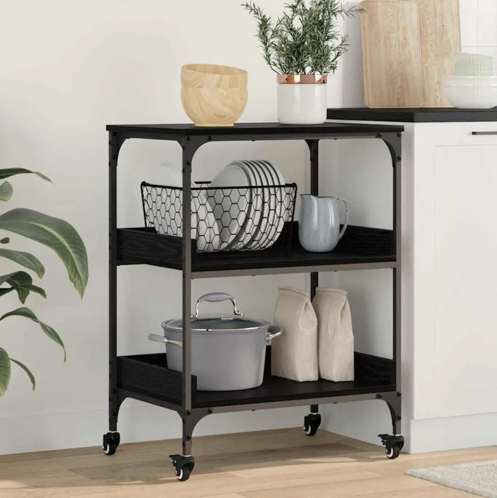 vidaXL Keuken Trolley Zwart Eiken 60 x 41 x 80.5 cm Bewerkt hout