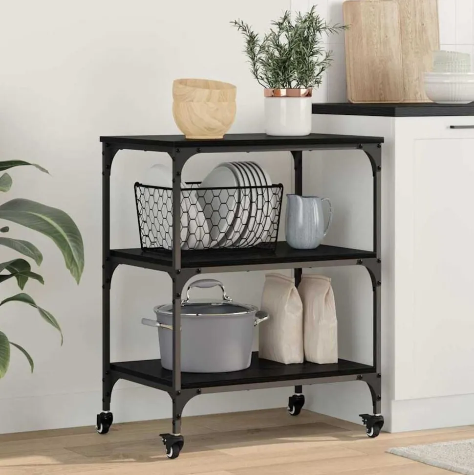 vidaXL Keuken Trolley Zwart Eiken 60 x 41 x 76 cm Bewerkt hout