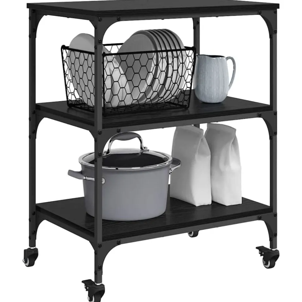vidaXL Keuken Trolley Zwart Eiken 60 x 41 x 76 cm Bewerkt hout