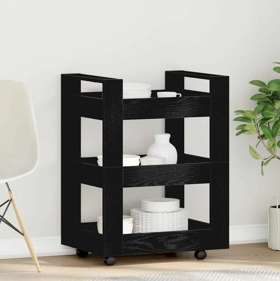 vidaXL Keuken Trolley Zwart Eiken 60 x 45 x 80 cm Bewerkt hout