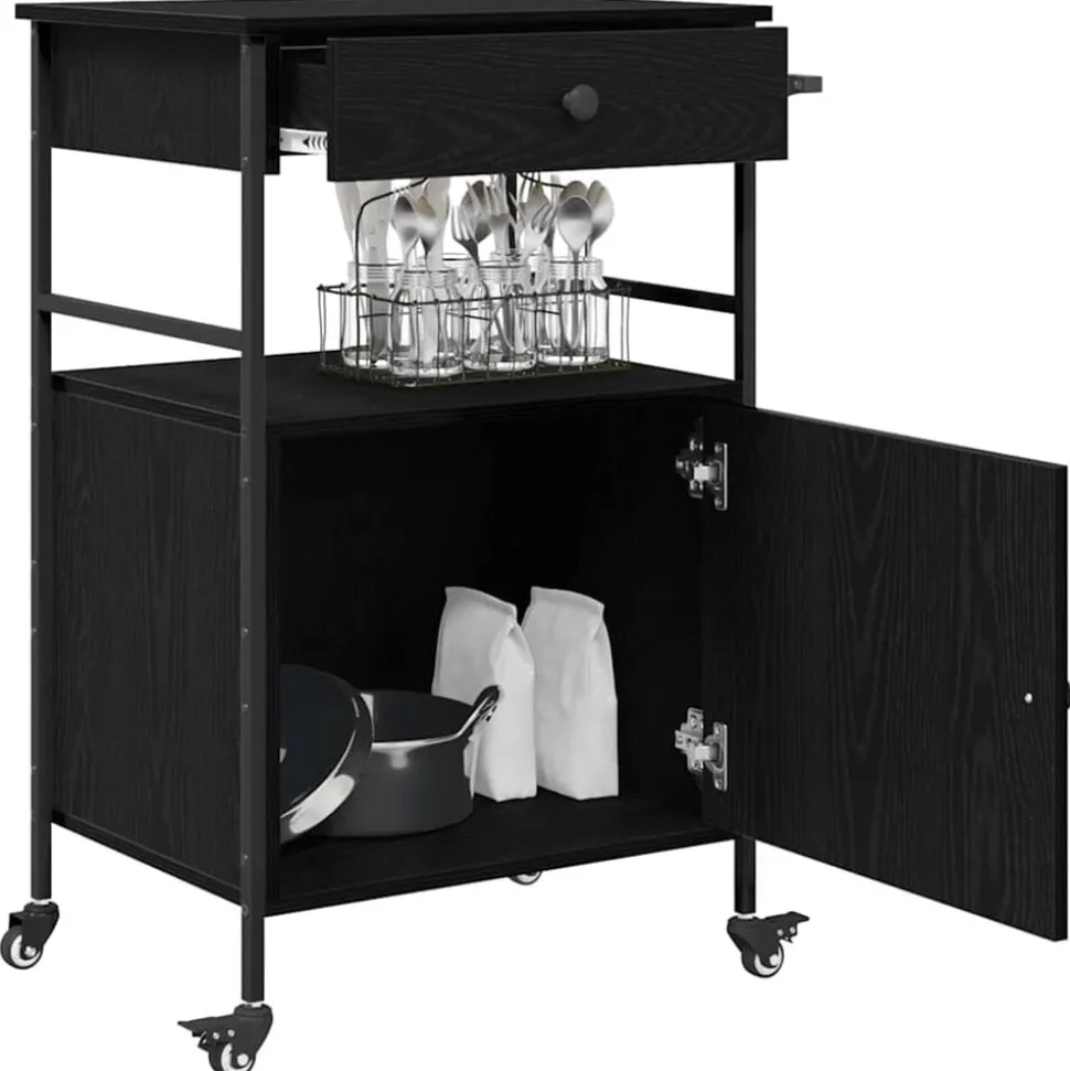 vidaXL Keuken Trolley Zwart Eiken 56 x 43 x 89,5 cm Bewerkt hout