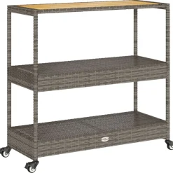 vidaXL Keukentrolley 3-laags poly rattan en massief acaciahout grijs