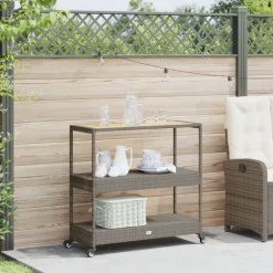 vidaXL Keukentrolley 3-laags poly rattan en massief acaciahout grijs