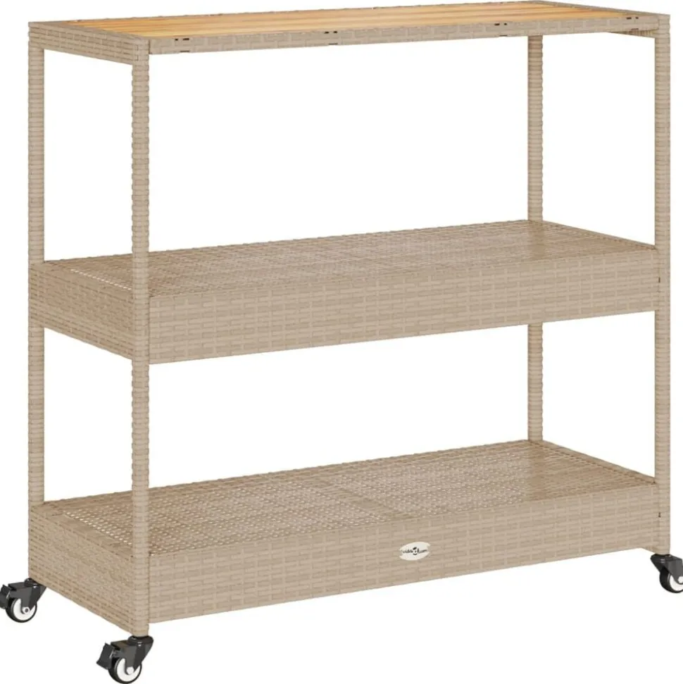 vidaXL Keukentrolley 3-laags poly rattan en massief acaciahout beige