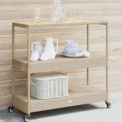 vidaXL Keukentrolley 3-laags poly rattan en massief acaciahout beige