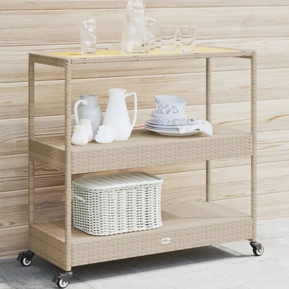 vidaXL Keukentrolley 3-laags poly rattan en massief acaciahout beige