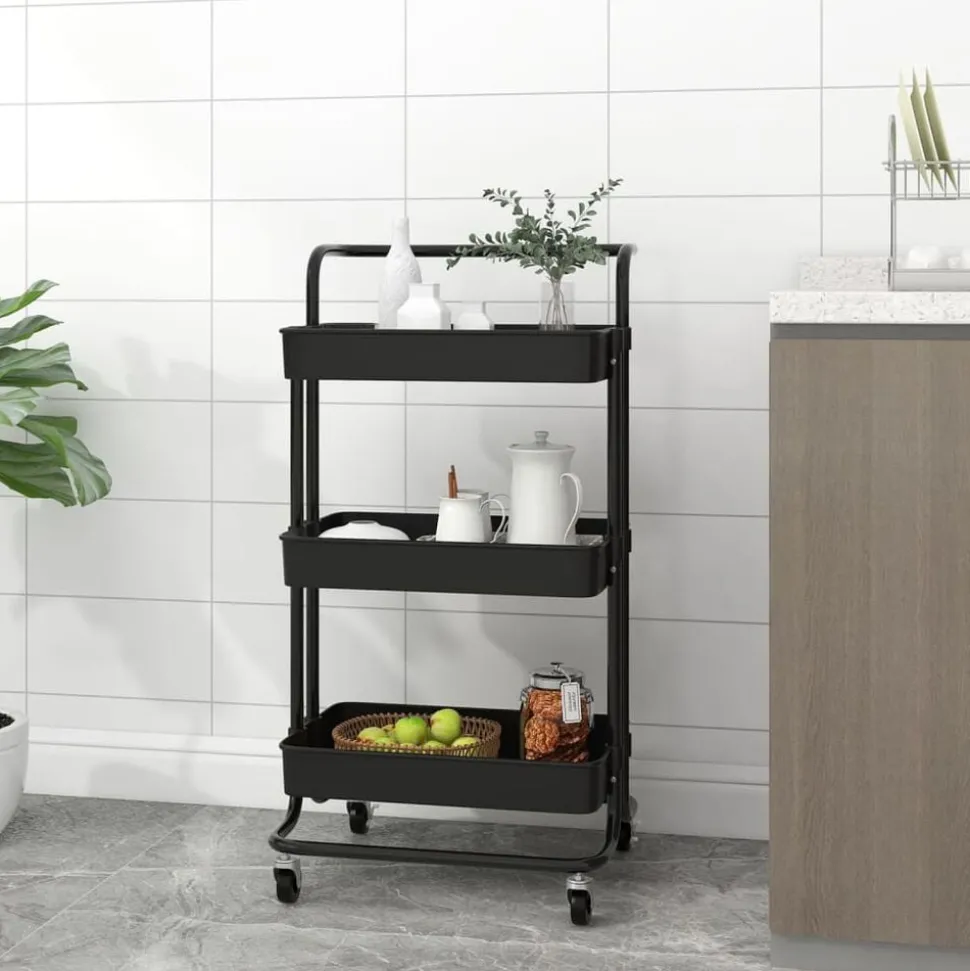vidaXL Keukentrolley 3-laags 42x35x85 cm ijzer en ABS zwart