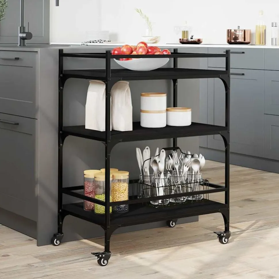 vidaXL Keukentrolley 65x40x86,5 cm bewerkt hout zwart