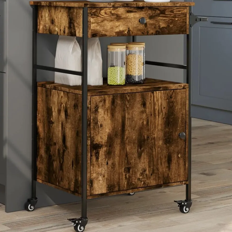 vidaXL Keukentrolley 56x43x89,5 cm bewerkt hout gerookt eikenkleurig