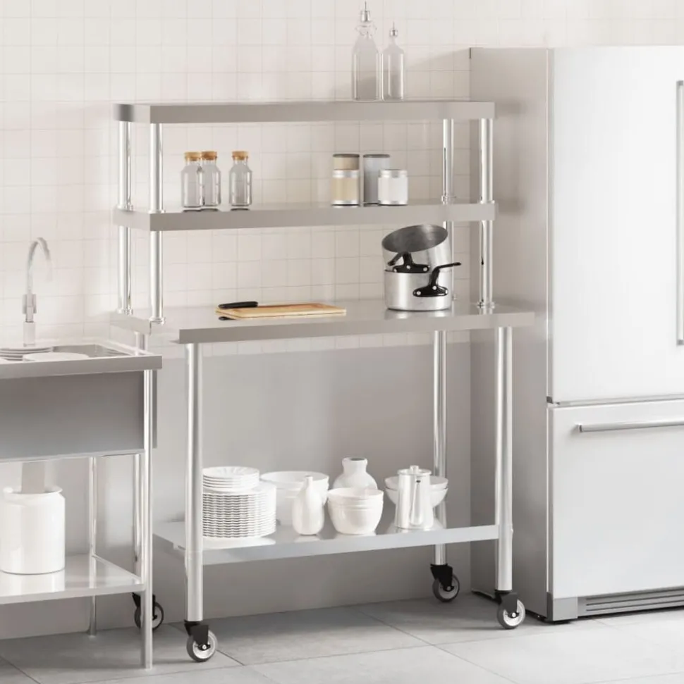 vidaXL Keukenwerktafel met bovenschap 110x55x150 cm roestvrij staal