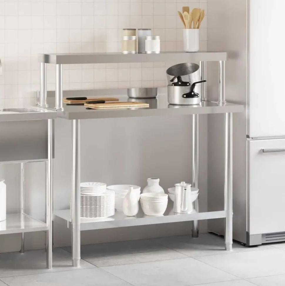 vidaXL Keukenwerktafel met bovenschap 110x55x120 cm roestvrij staal
