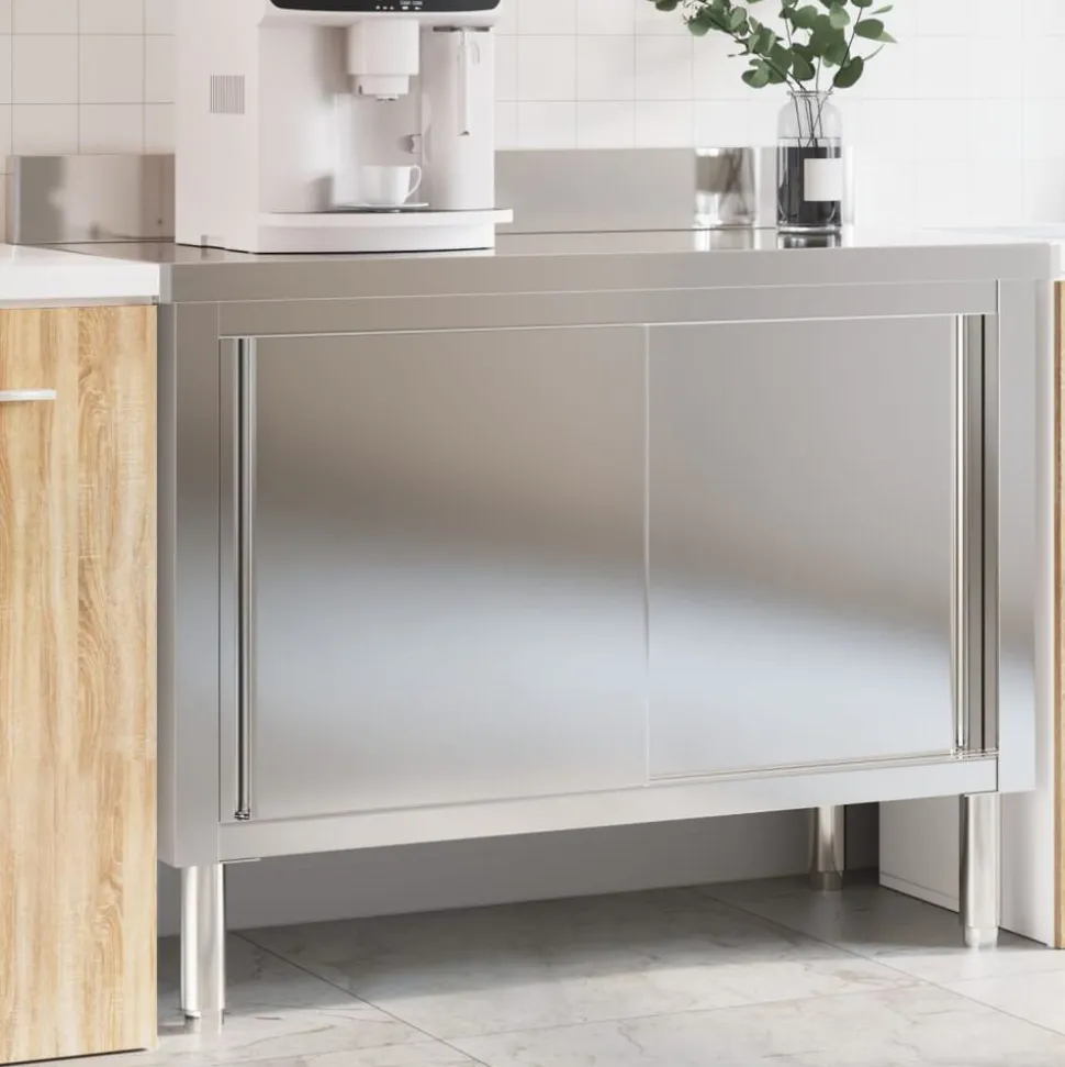 vidaXL Keukenwerktafel met schuifdeuren roestvrijstaal