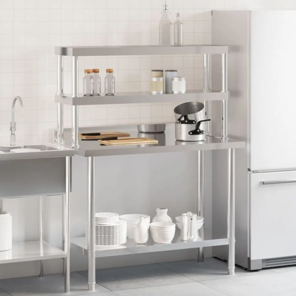 vidaXL Keukenwerktafel met bovenschap 110x55x150 cm roestvrij staal