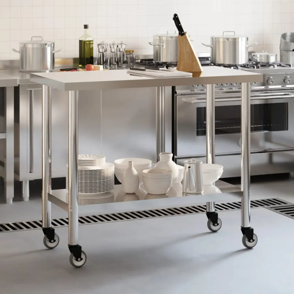 vidaXL Keukenwerktafel met wielen 110x55x85 cm roestvrij staal