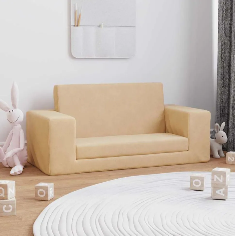 vidaXL Kinderslaapbank 2-zits zacht pluche crèmekleurig