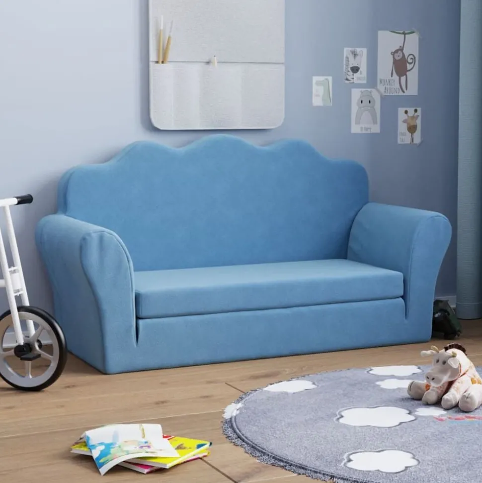 vidaXL Kinderslaapbank 2-zits zacht pluche blauw