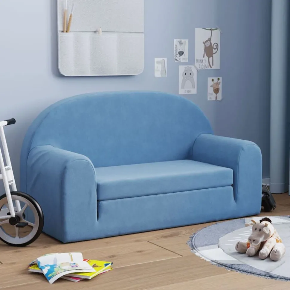 vidaXL Kinderslaapbank 2-zits zacht pluche blauw