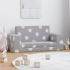 vidaXL Kinderslaapbank 2-zits met sterren zacht pluche lichtgrijs
