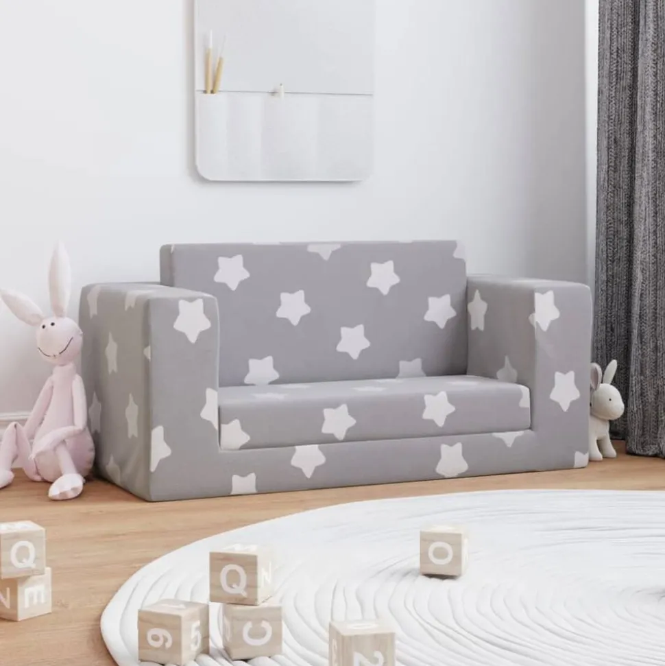 vidaXL Kinderslaapbank 2-zits met sterren zacht pluche lichtgrijs