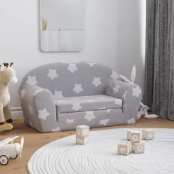vidaXL Kinderslaapbank 2-zits met sterren zacht pluche lichtgrijs