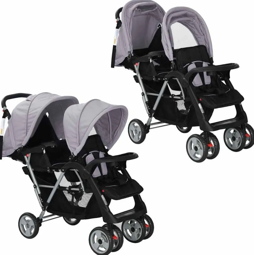 vidaXL Kinderwagen dubbel staal grijs en zwart