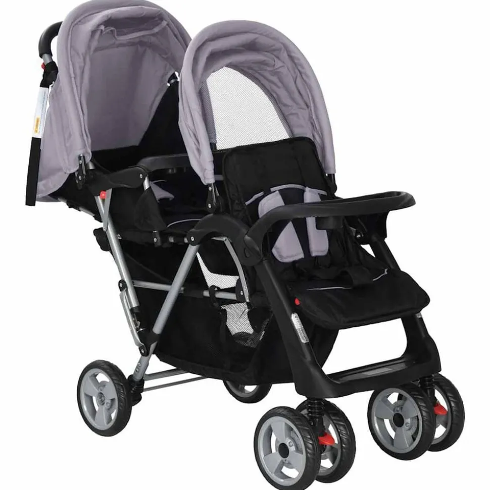 vidaXL Kinderwagen dubbel staal grijs en zwart