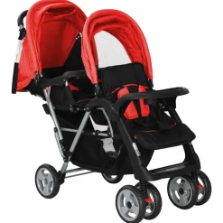 vidaXL Kinderwagen dubbel staal rood en zwart