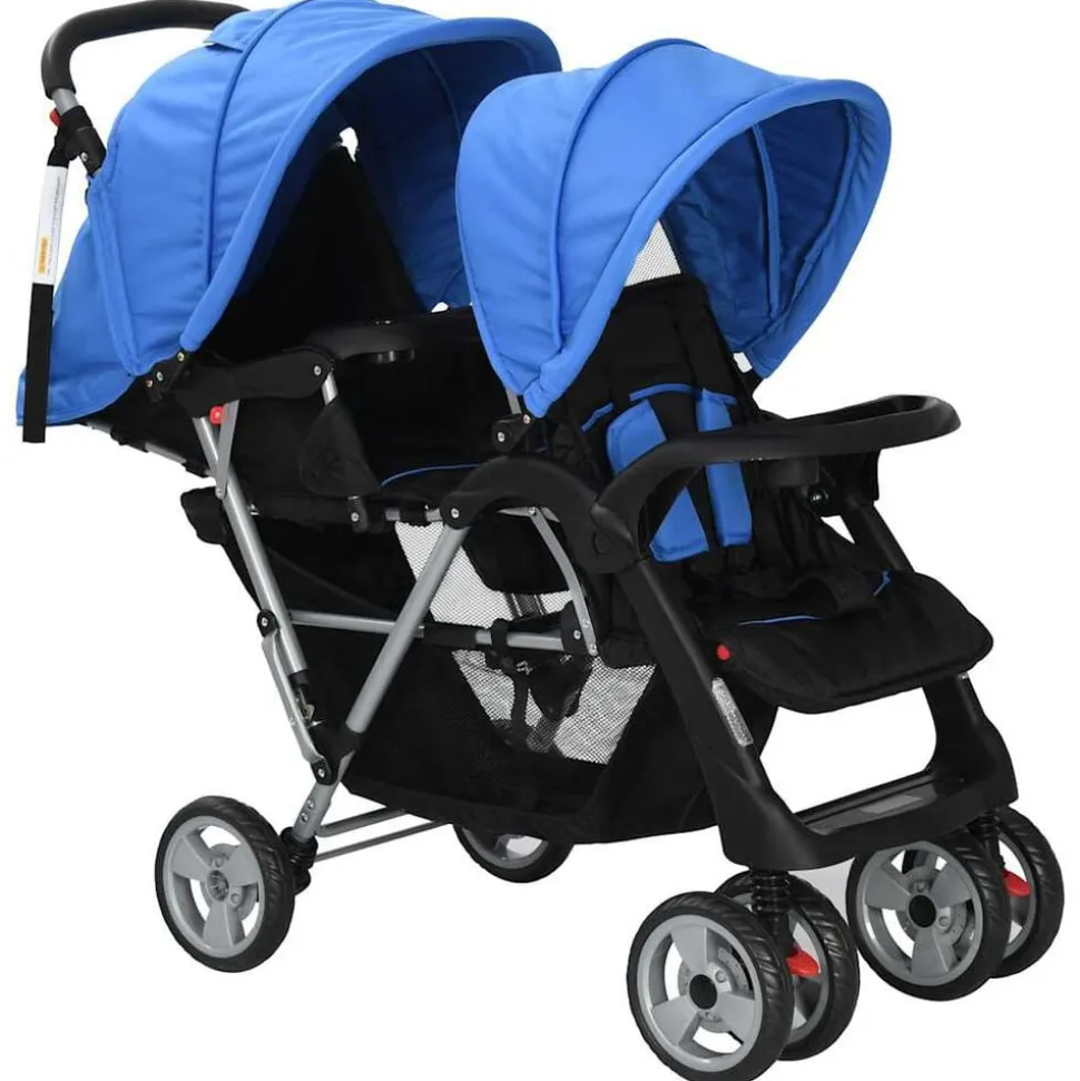 vidaXL Kinderwagen dubbel staal blauw en zwart