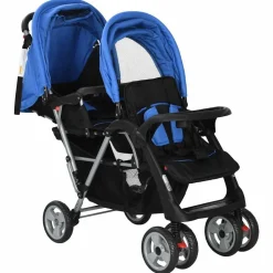vidaXL Kinderwagen dubbel staal blauw en zwart