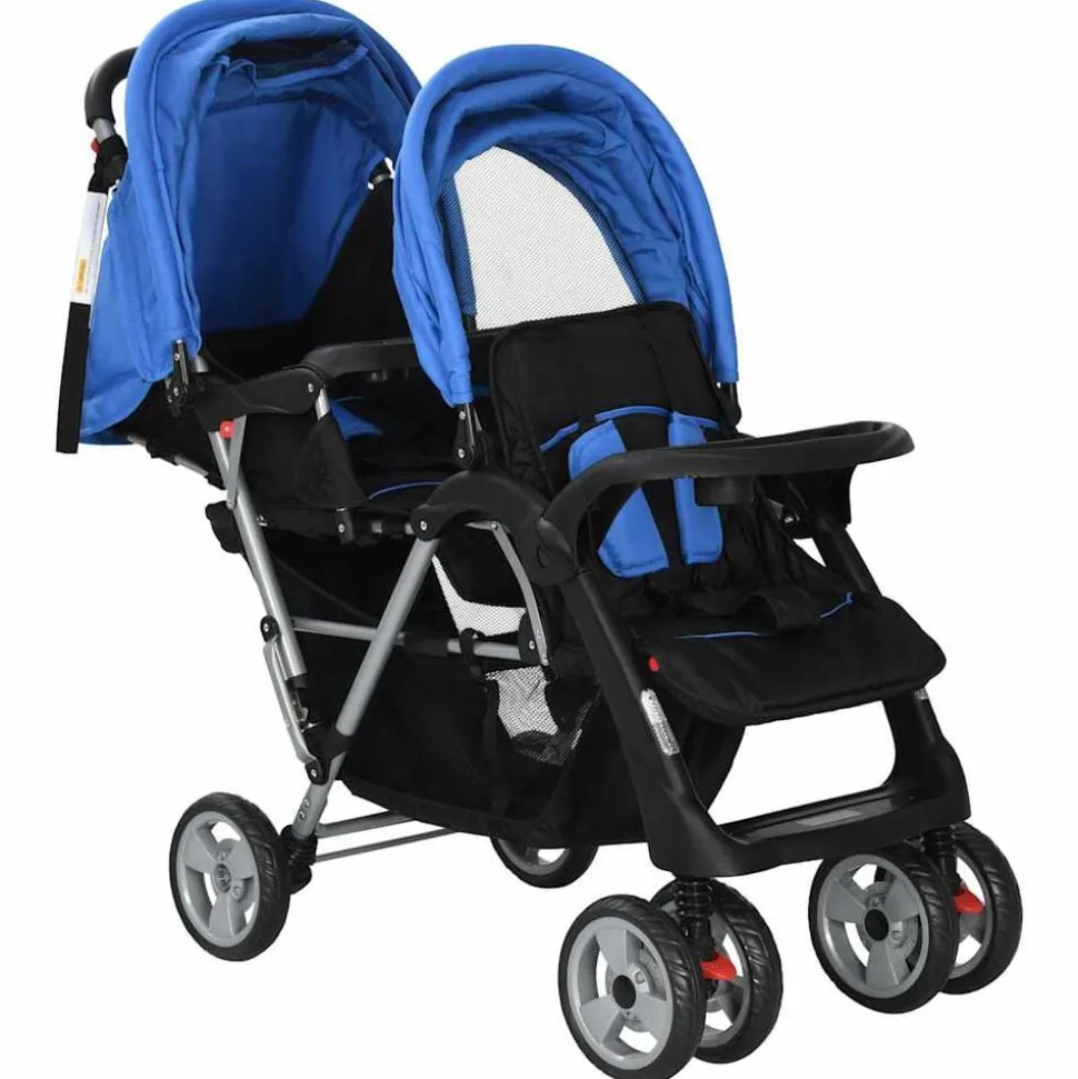 vidaXL Kinderwagen dubbel staal blauw en zwart