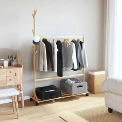 vidaXL Kledingrek met haken en wielen 100x35x157 cm bamboe