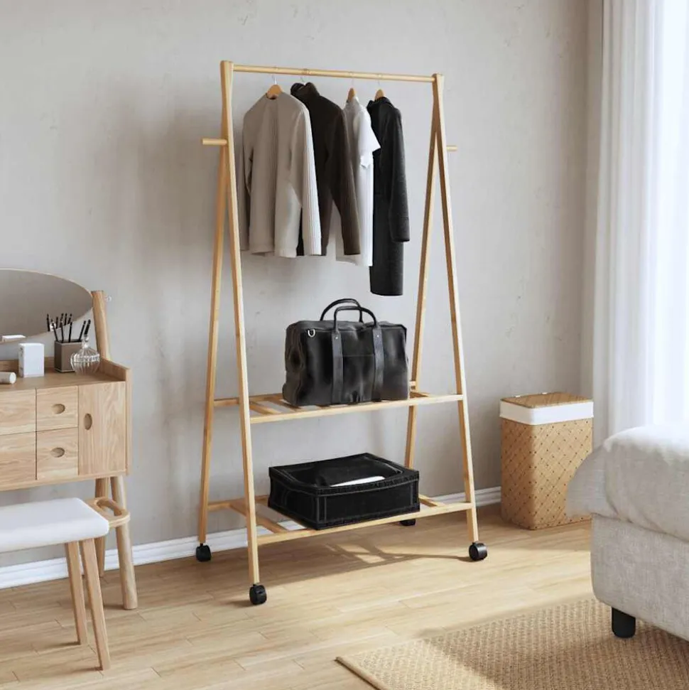vidaXL Kledingrek met schappen en wielen 96x45,5x155,5 cm bamboe